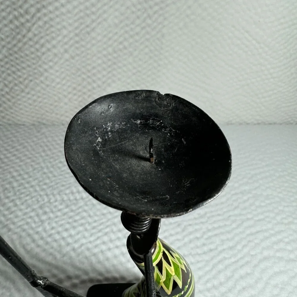 Vintage Handcrafted Tribal Candle Holder With African Motif Metal & Cow Horn - Picture 5 of 8